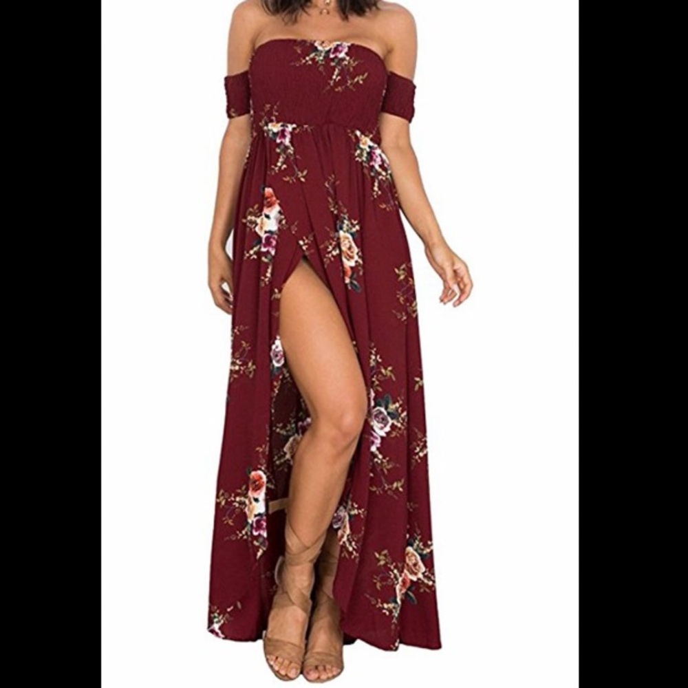 Off Shoulder Wine Red Floral Burgundy Maxi Dress